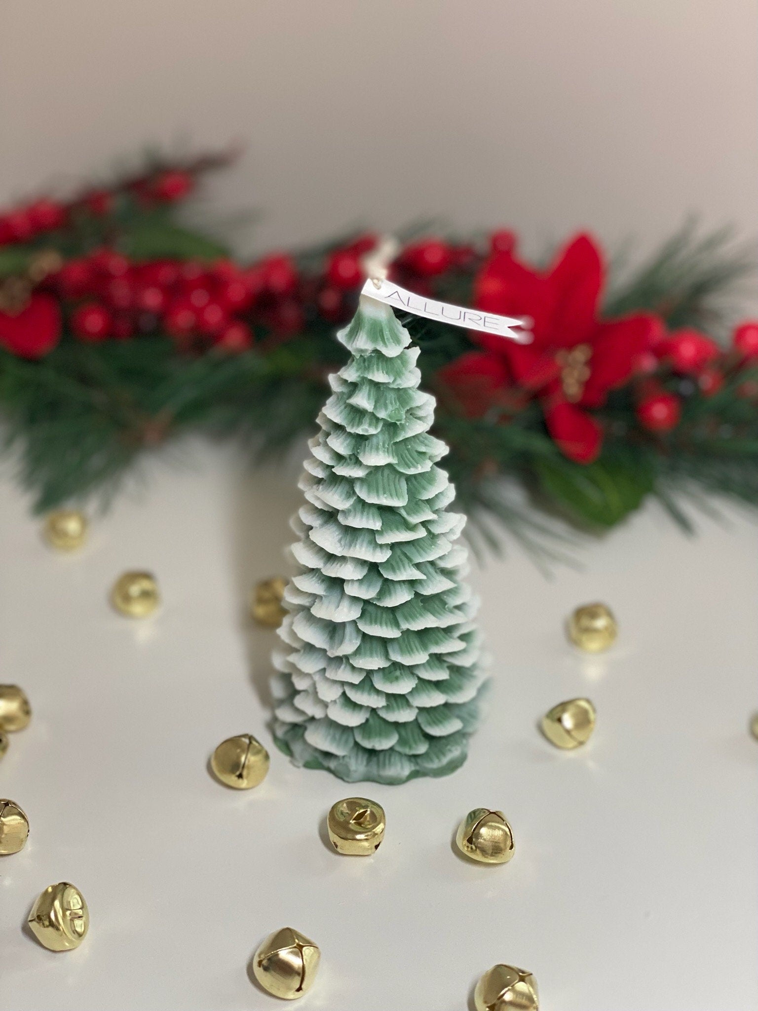 Scented Snow Topped Christmas Tree Candle | Holiday Christmas Tree All Natural Unscented Soy Wax Candle