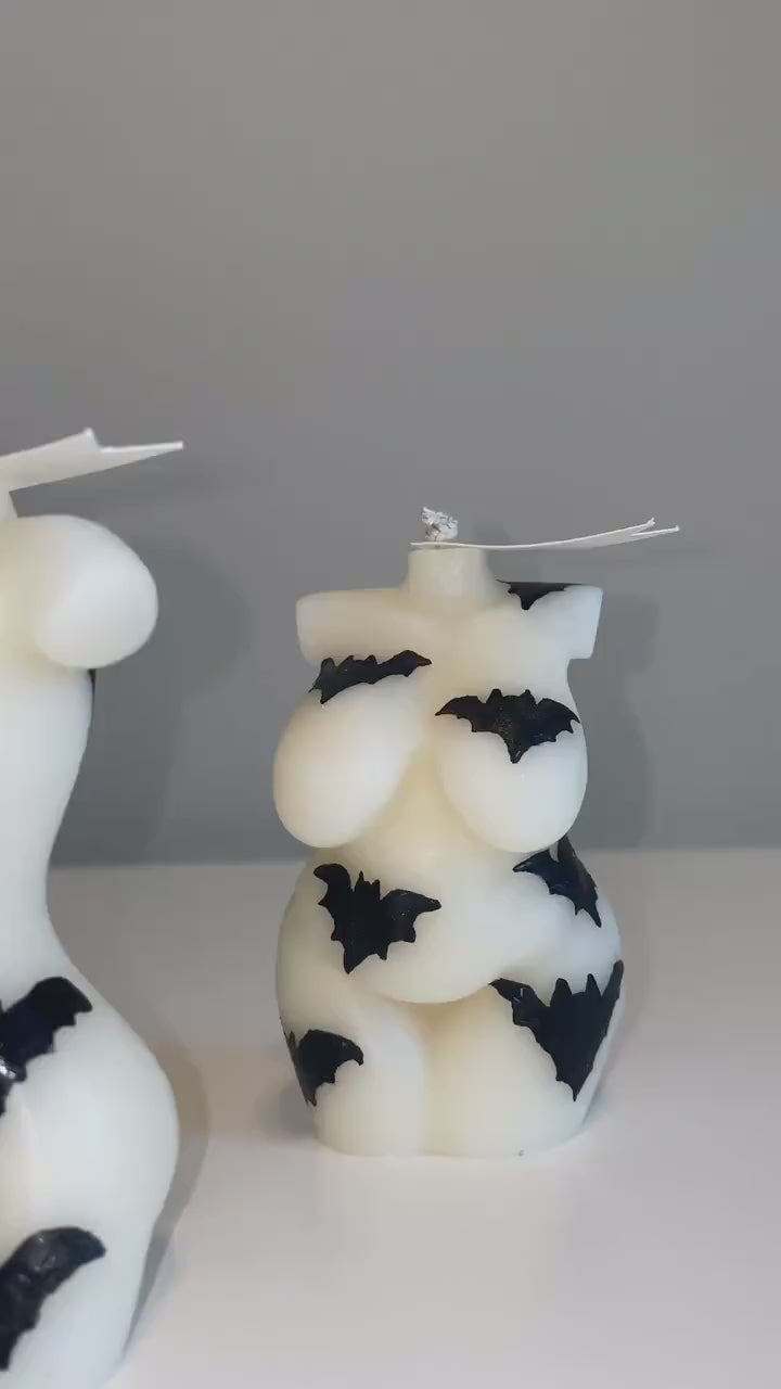 Hand Painted Halloween Bat Goddess Body Candle | Woman Torso, Curvy, Pregnant, Masculine Candle