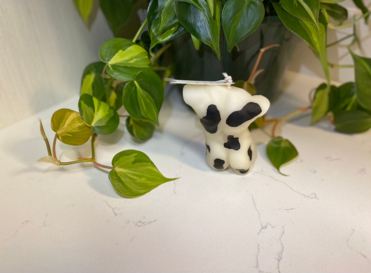 Hand Painted Cow Print Goddess Body Candle | Woman Torso, Curvy, Pregnant, Masculine Candle